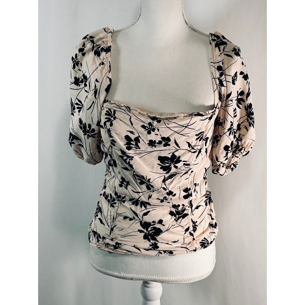 ASTR The Label Womens Floral Puff Sleeve Smocked Back Square Neck Blouse Cream L